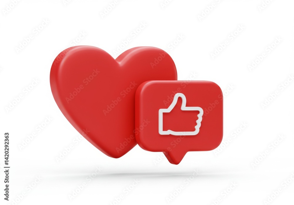 Red heart and thumbs up icons symbolizing social media interaction and approval