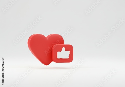 Social media engagement concept with heart and thumbs up icons on white background