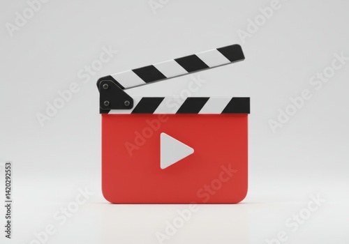 Film and media concept: red clapperboard with play icon for video production design