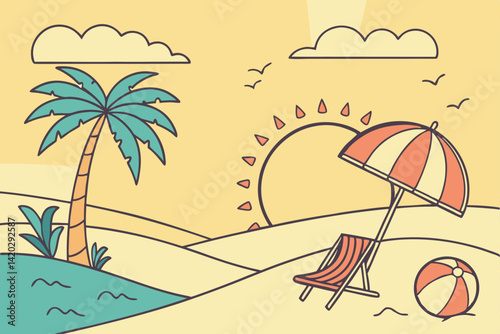 51 Tropical beach scene, bright cartoon style, vibrant colors, large sun, palm trees, beach umbrella, lounge chair, beach ball, sandy shore, calm ocean, fluffy clouds, flat illustration, vector art, c