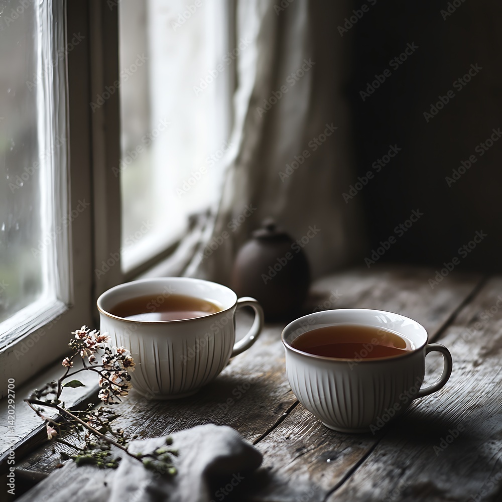 Fototapeta premium Scandinavian Tea Setting with Two Ceramic Cups and Cozy Interior