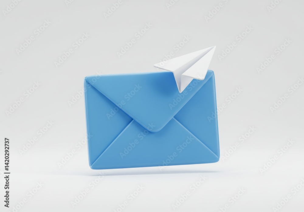 Email symbol with blue envelope and white paper airplane for communication and digital messaging