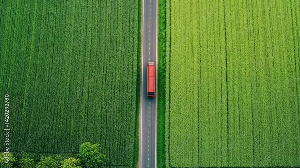 Aerial View of Red Bus on Country Road