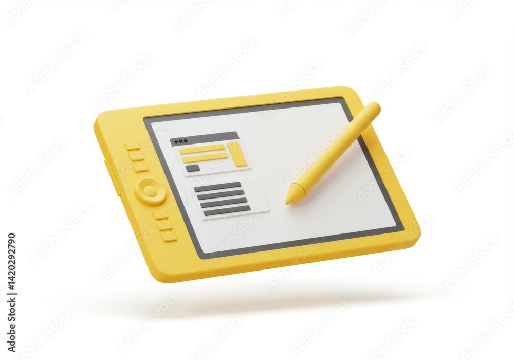 Yellow digital tablet and stylus for creative design and writing