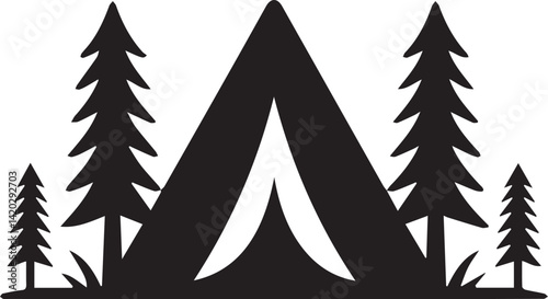 Black And White Camping Tent Silhouette Illustration With Pine Trees Graphic Design