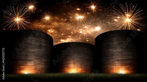 Silhouetted Structures Under a Sky Bursting with Fireworks Spectacle Celebration Visual Display.