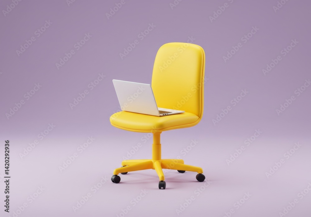 Vibrant yellow office chair with laptop on light purple background perfect for modern design projects