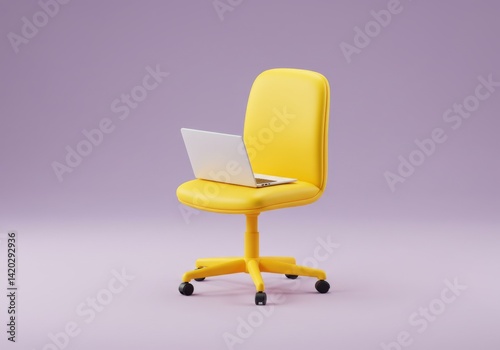 Obraz na płótnie Vibrant yellow office chair with laptop on light purple background perfect for modern design projects w salonie