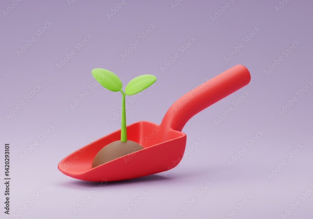 Gardening concept with red trowel and green seedling sprout on purple background