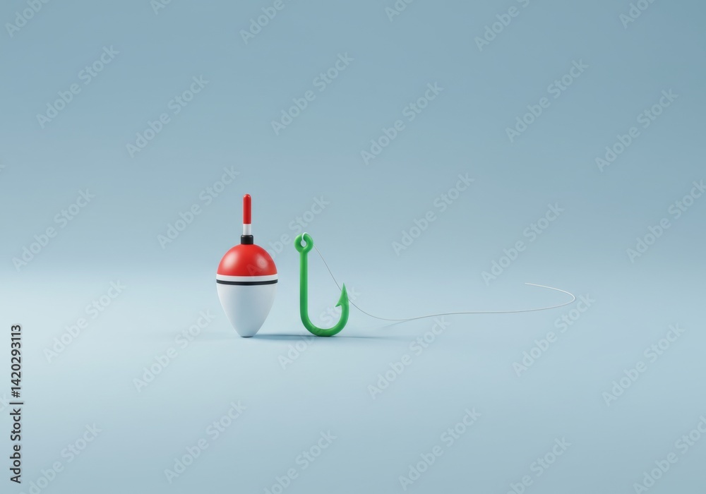 Minimalistic fishing equipment display with bobber and hook on blue background