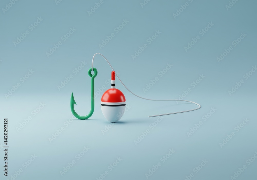 Fishing concept with hook and bobber on turquoise background