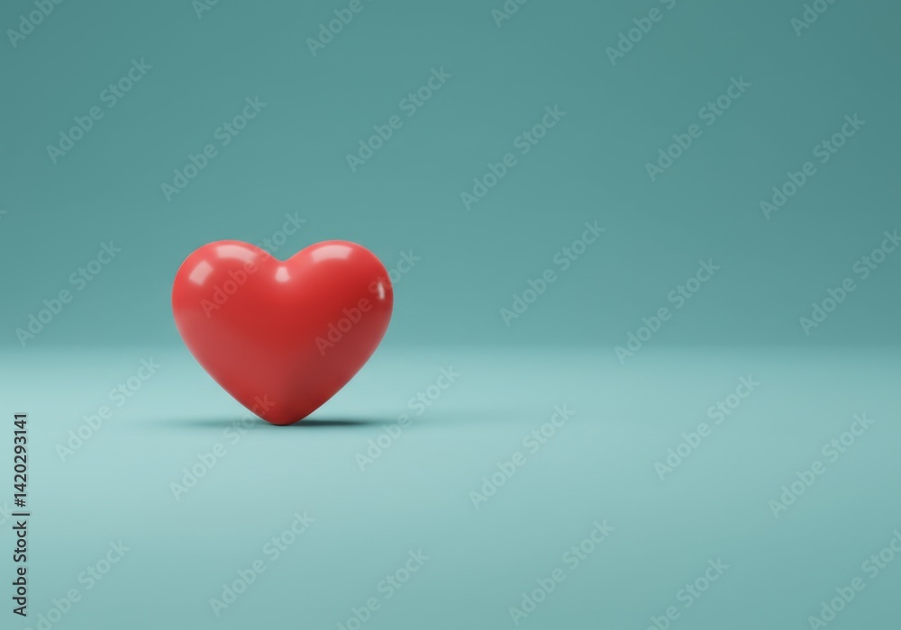 Minimalist red heart on turquoise background for valentine's day decoration or greeting card design