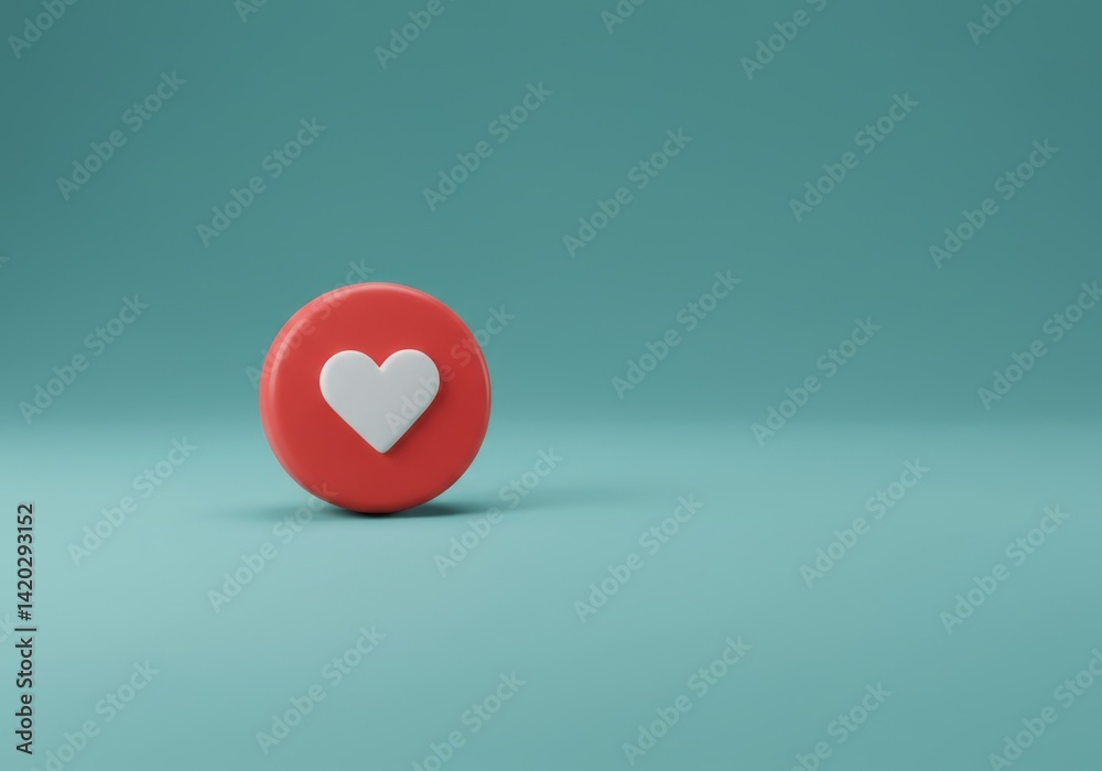Minimalist heart shape on red button against teal background for valentine's day design