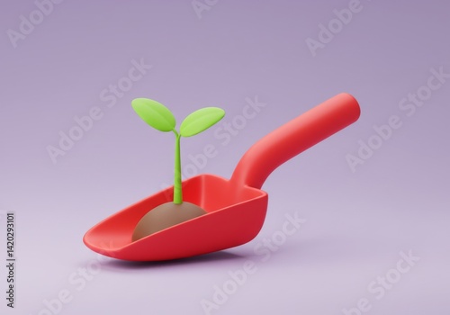Obraz na płótnie Gardening concept with red trowel and green seedling sprout on purple background w salonie