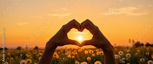 Hands forming a heart at sunset over dandelion field, love and connection