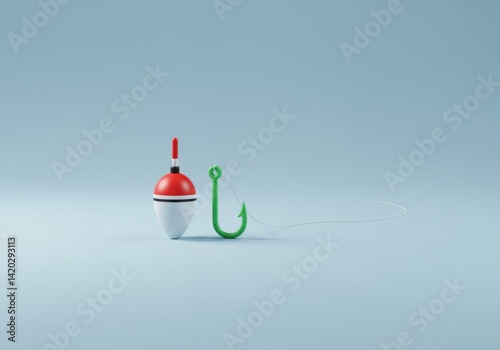 Obraz na płótnie Minimalistic fishing equipment display with bobber and hook on blue background w salonie