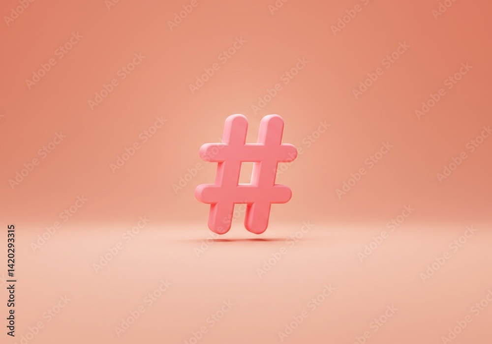 Glossy pink hashtag symbol on soft peach background for modern digital concept design