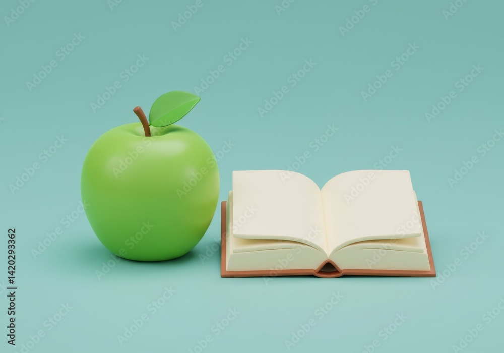 Fresh green apple and open book on minimalistic background - education and learning concept