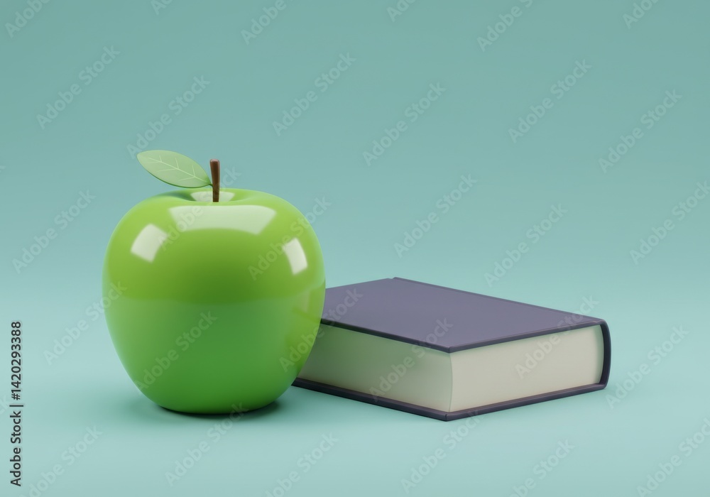 Green apple and book on teal background for education and healthy lifestyle themes