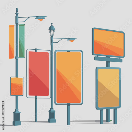 A vibrant collection of various billboard and signage designs featuring warm colors and modern aesthetics, ideal for advertising solutions and marketing concepts.