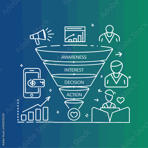 A vector illustration depicting the marketing funnel process. It highlights stages: Awareness, Interest, Decision, and Action, using icons representing communication and data analysis for ef...