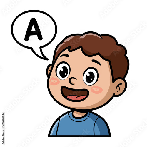 A playful cartoon illustration of a joyful boy with short brown hair, smiling and speaking in a speech bubble containing the letter A. Ideal for educational materials.