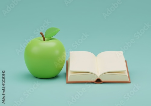 Obraz na płótnie Fresh green apple and open book on minimalistic background - education and learning concept w salonie