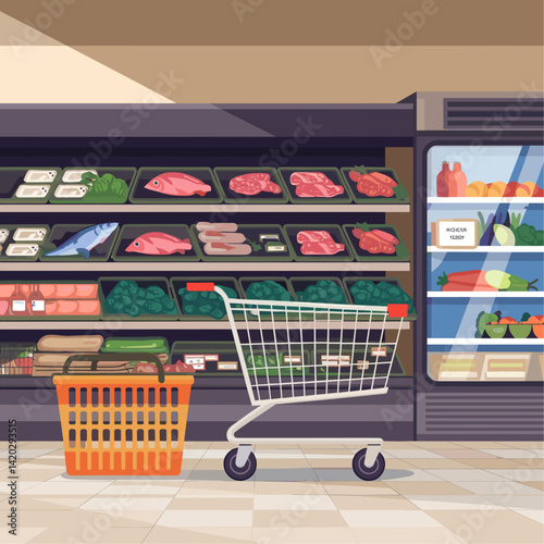 A colorful illustration of a grocery store interior featuring a shopping cart and basket in front of fresh produce and meat displays. Ideal for food and retail themes.
