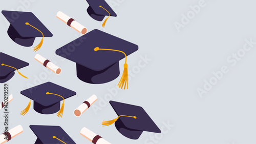 Vector illustration featuring graduation caps and rolled diplomas, symbolizing academic success and celebration. Ideal for educational themes and graduation events.