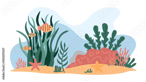 A lively underwater illustration featuring colorful fish swimming among vibrant coral reefs and aquatic plants, set against a soft blue background.