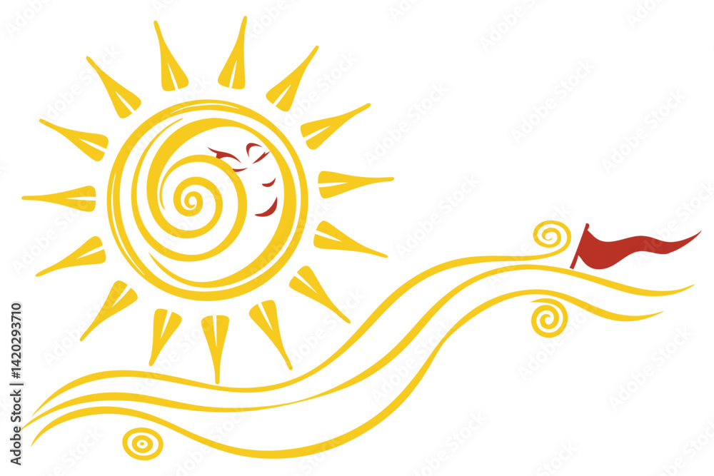 Obraz premium 52 Stylized sun icon, bright yellow spiral, minimalist design, clean white background, cheerful summer symbol, radiant sunbeams, simple graphic, vibrant color, positive energy, abstract sunshine, vect