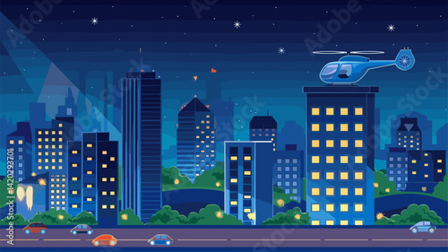 A vibrant vector depiction of a nighttime city skyline with illuminated skyscrapers, a flying helicopter, and moving cars on a road, creating a dynamic urban scene.