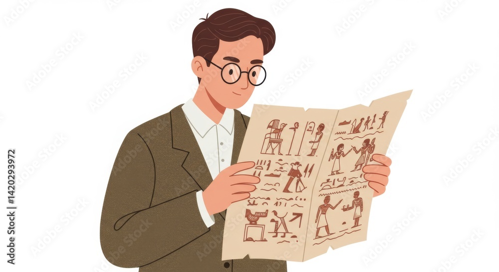 Curious historian examining ancient egyptian hieroglyphs for research and study