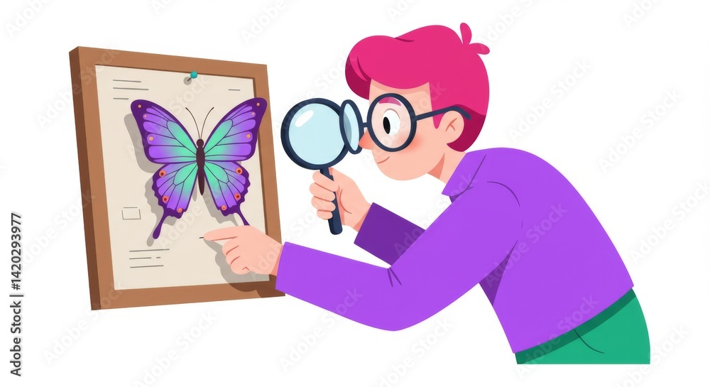 Curious individual studying a colorful butterfly specimen with a magnifying glass