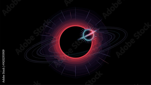 This vivid and modern vector illustration features a cosmic black hole surrounded by colorful rings and celestial elements, ideal for sci-fi and space-themed designs. Perfect for graphics, p...