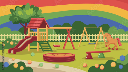 A vibrant children's playground featuring a slide, swings, and a seesaw, set against a colorful rainbow. Perfect for family and children's themes, education, and joy.