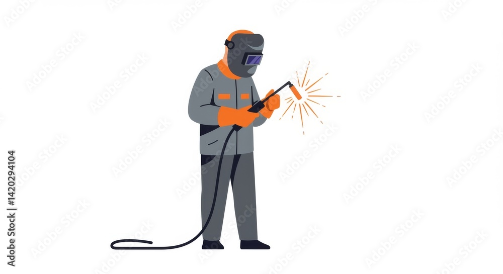 Industrial worker in protective gear using welding torch for metal fabrication