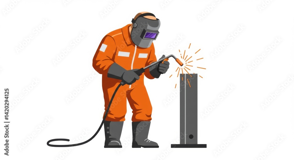 Welding expert in orange suit with protective gear performing metalwork on steel beam