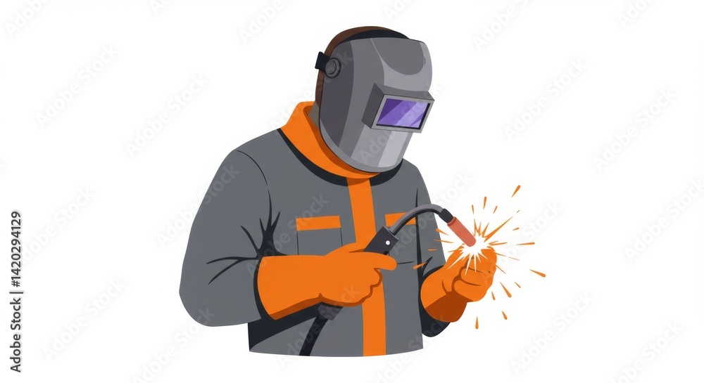 Welder in protective gear with welding torch and sparks for industrial safety visualization