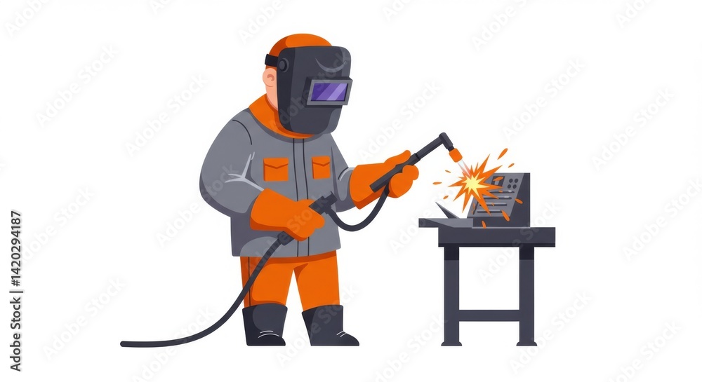 Welding workshop scene with cartoon welder and safety gear for industrial design