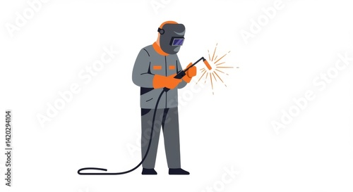 Industrial worker in protective gear using welding torch for metal fabrication