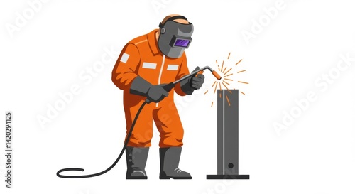 Obraz na płótnie Welding expert in orange suit with protective gear performing metalwork on steel beam w salonie