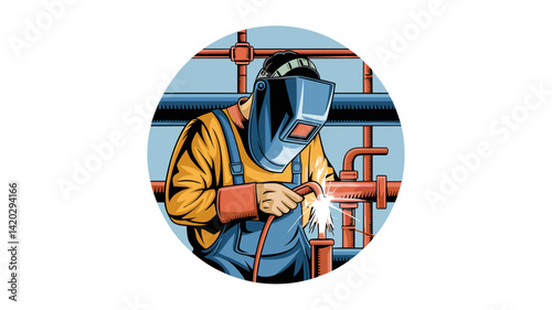 A vector illustration of a welder in protective gear working on metal pipes. The image showcases the craftsmanship and safety measures in industrial environments, ideal for trade and constru...