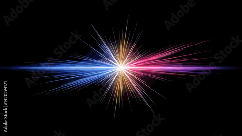 A vibrant and dynamic starburst illustration featuring striking blue and pink rays emanating from a central point, set against a deep black background. Ideal for use in modern designs.