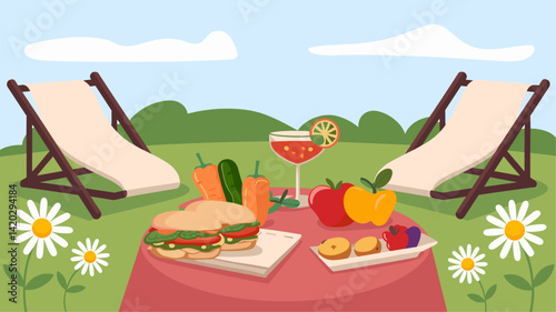 Enjoy a delightful outdoor picnic scene featuring tasty sandwiches, fresh fruits, and refreshing drinks, set under a sunny sky with lounge chairs.