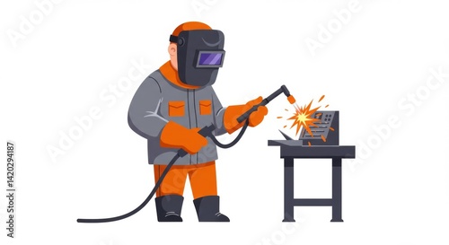 Obraz na płótnie Welding workshop scene with cartoon welder and safety gear for industrial design w salonie