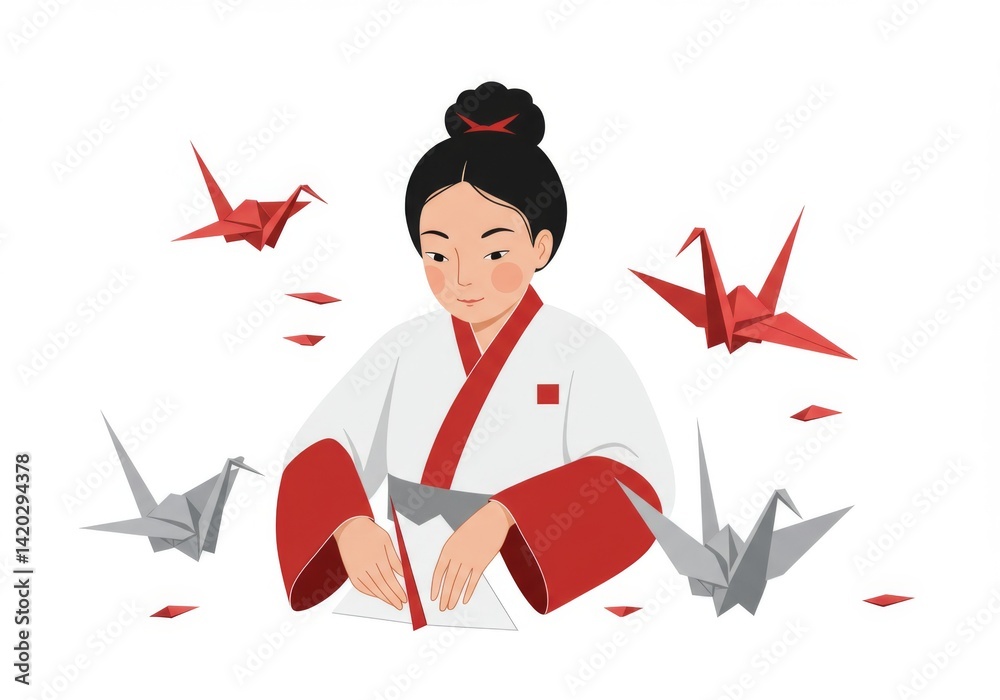 Japanese origami mastery with traditional cranes and focused woman for cultural design projects
