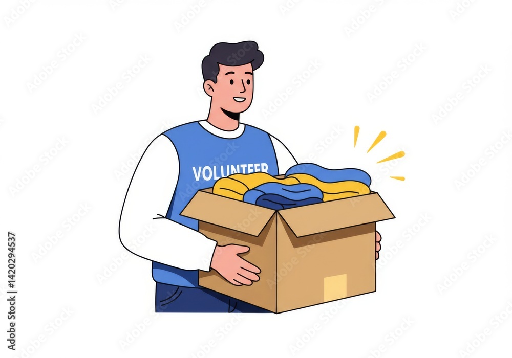 Male volunteer carrying donation box filled with clothes for charity and community support