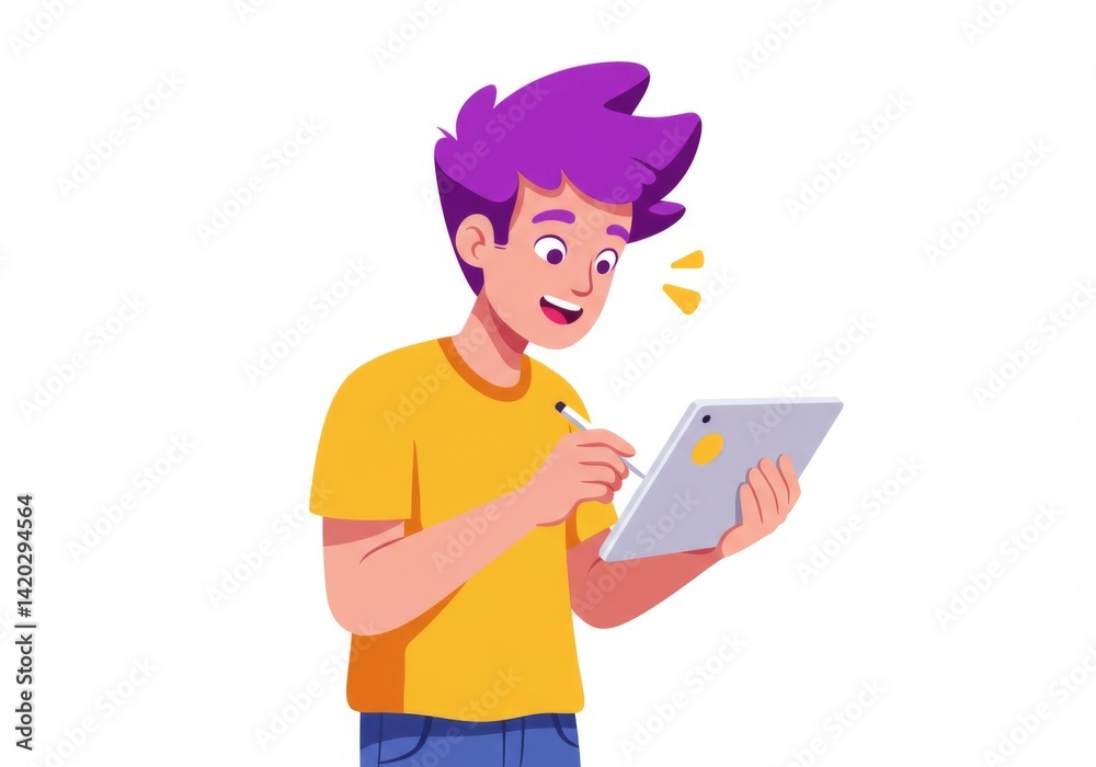 Young person with purple hair using tablet and stylus enthusiastically Young person with purple hair using tablet and stylus enthusiastically