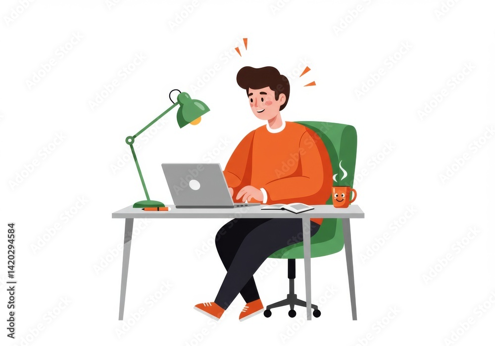 Young man working at laptop with coffee in a home office setting